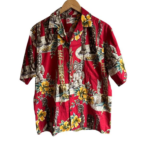 Hilo Hattie Tiki Idols Hibiscus Tropical Hawaiian Button Up Shirt Red M - Picture 1 of 9